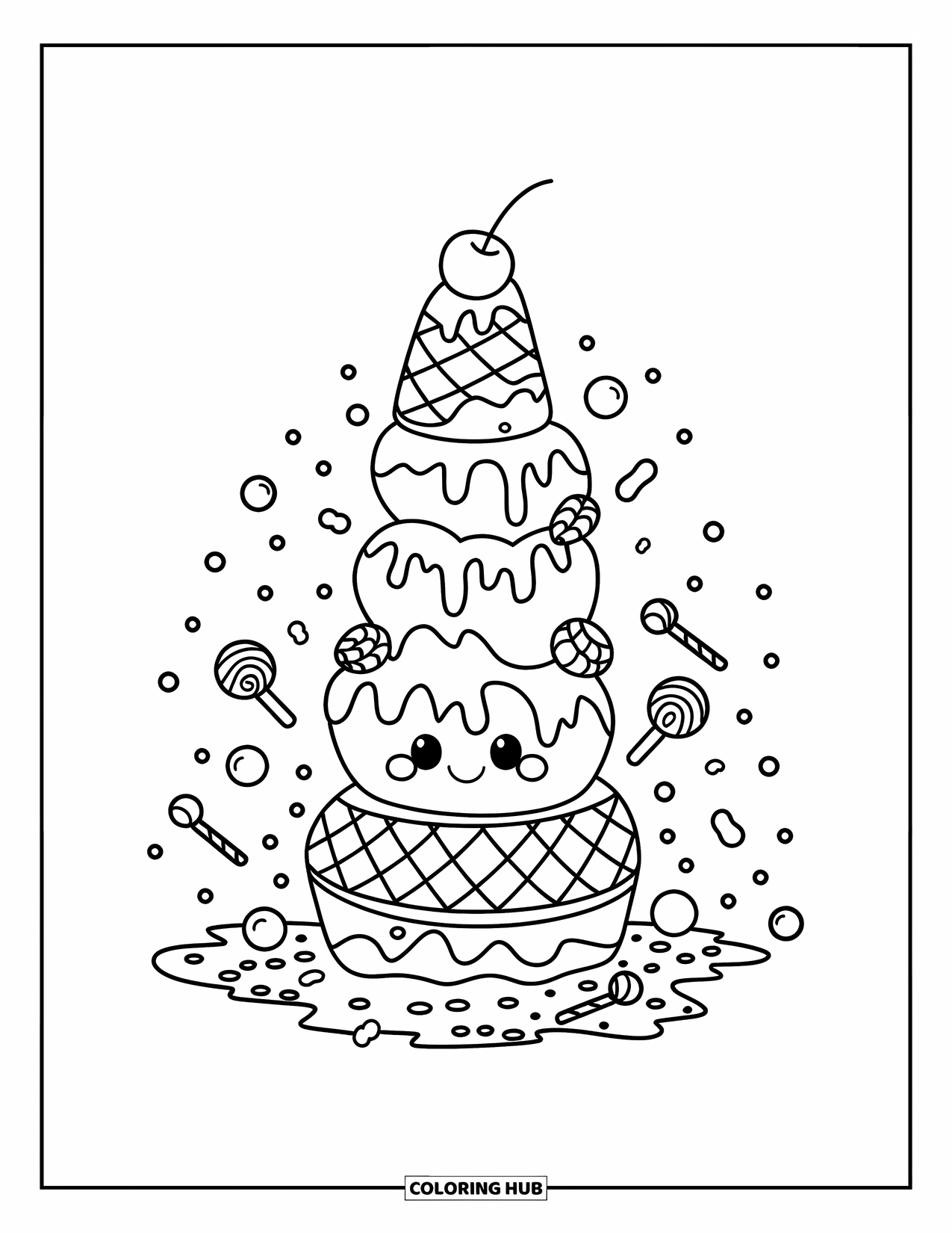 Ice Cream Coloring Page for Kids: A playful ice cream tower with creative designs, melting slightly, and surrounded by candy accents