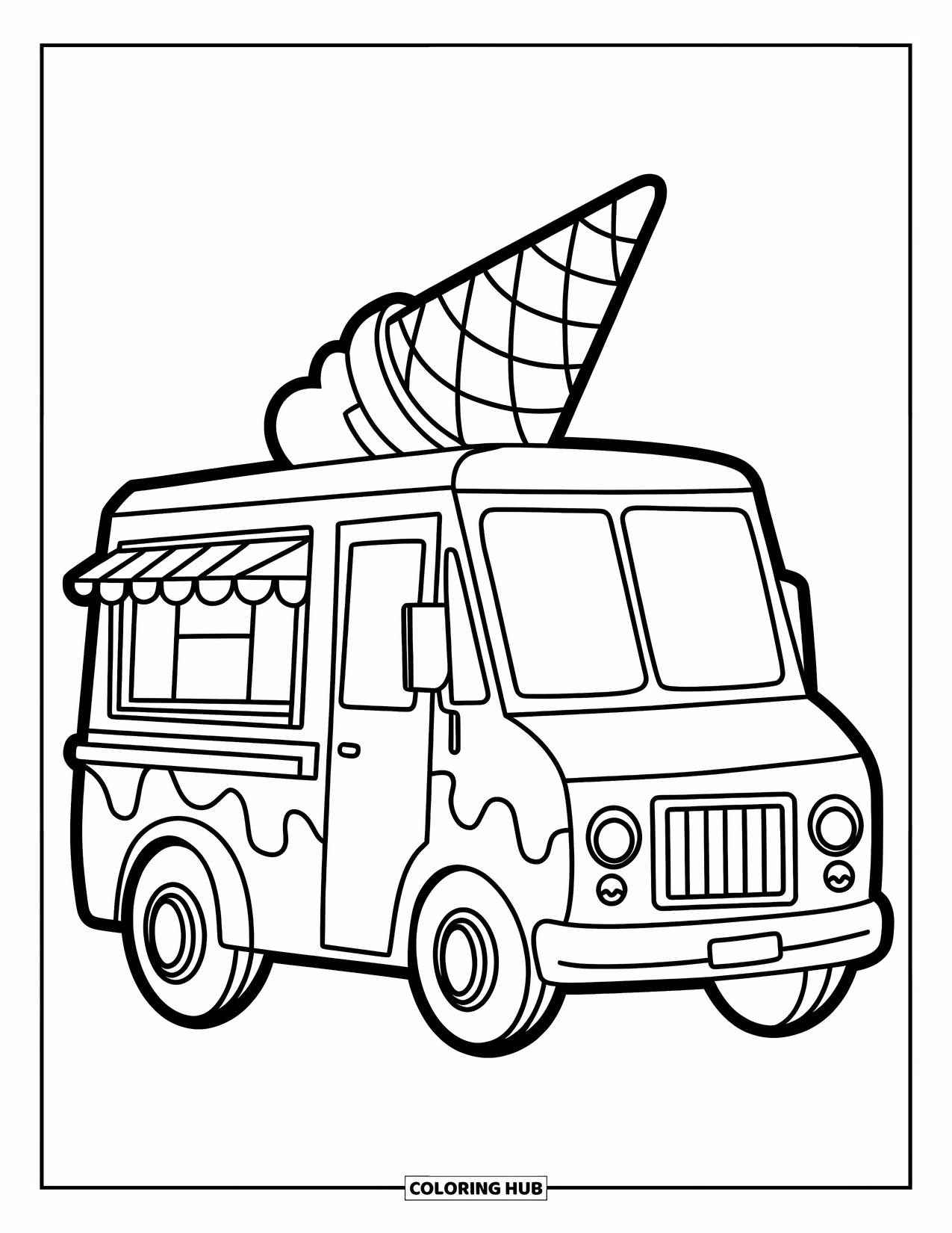 Ice Cream Coloring Page for Kids: A playful ice cream truck with a giant cone on the roof, ready to serve sweet treats