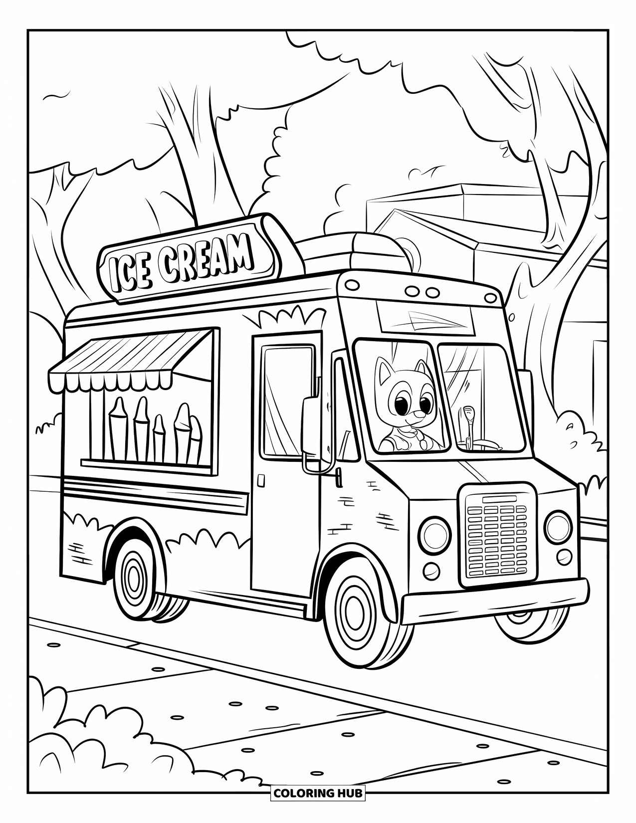 Ice Cream Coloring Page for Kids: A playful ice cream truck with an animal driver, parked on a sidewalk with a cityscape in the background