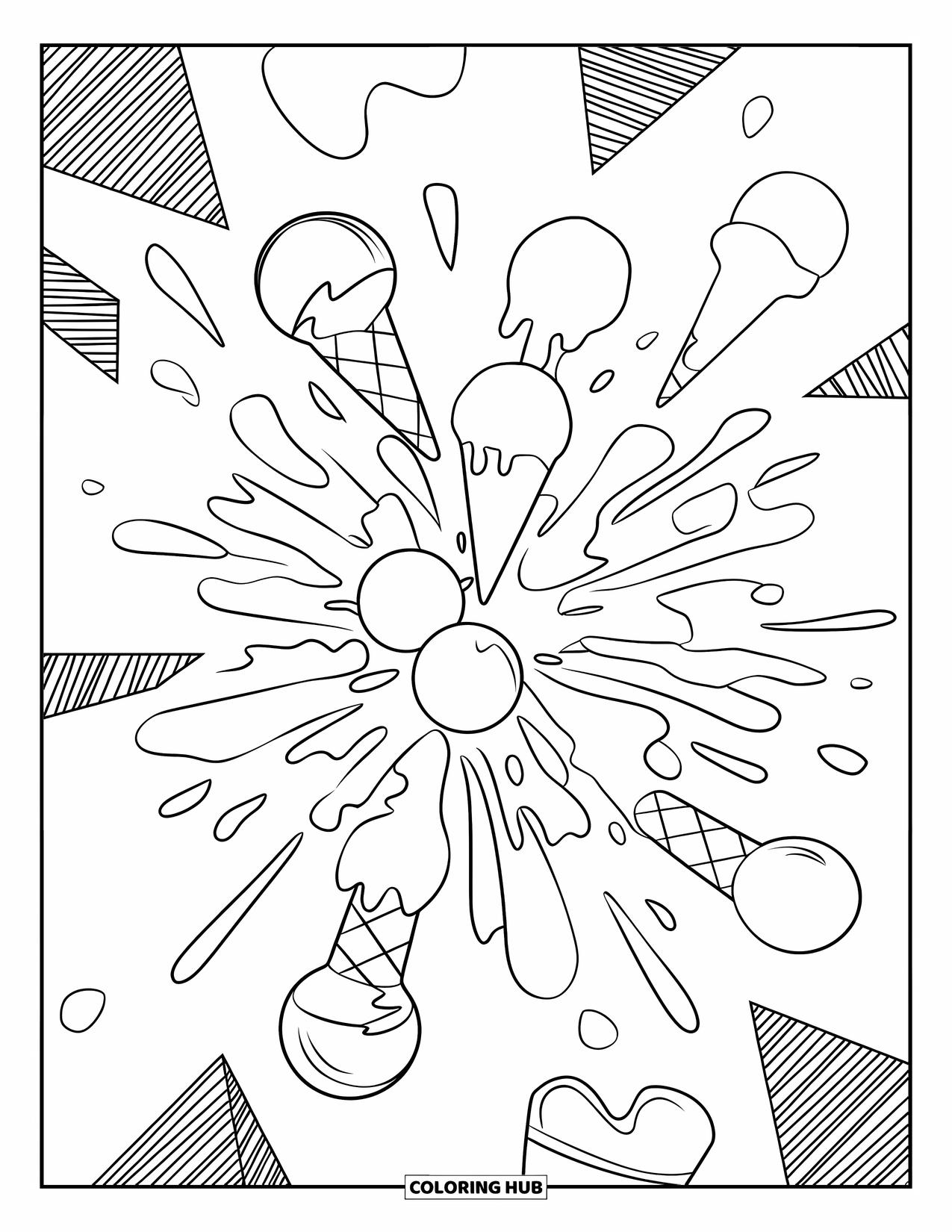 Ice Cream Coloring Page for Kids: A playful melting ice cream design with expressive shapes and modern, engaging elements