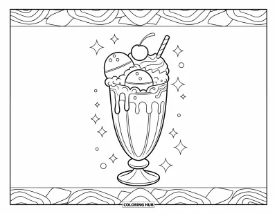 Coloriage de glaces pour enfants : Un verre à milkshake rétro rempli de glace, de crème fouettée et d’une cerise, entouré de motifs des années 80