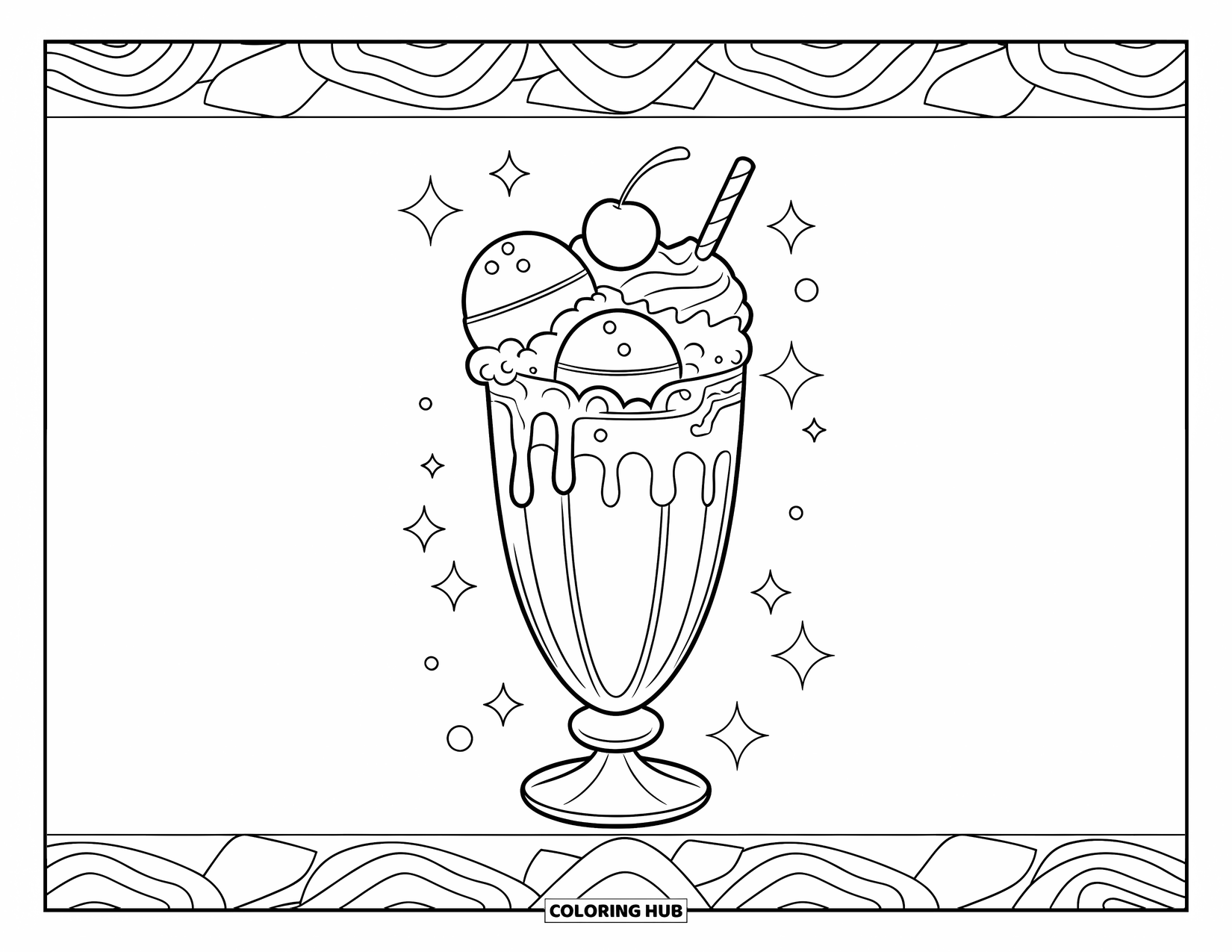 Ice Cream Coloring Page for Kids: A retro milkshake glass filled with ice cream, whipped cream, and a cherry, surrounded by 80s patterns