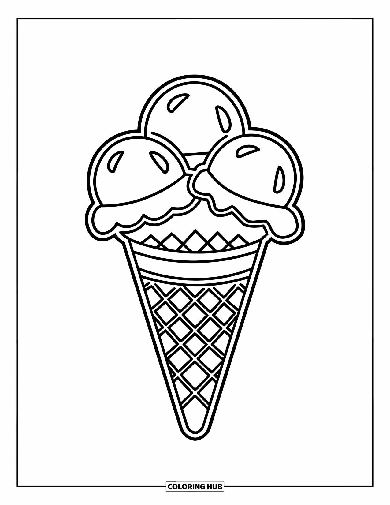 Ice Cream Coloring Page for Kids: A simple ice cream cone with three scoops, featuring bold outlines and a cheerful design