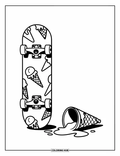 Coloriage de glaces pour enfants : Un skateboard décoré de motifs glacés, placé à côté d’un cornet renversé