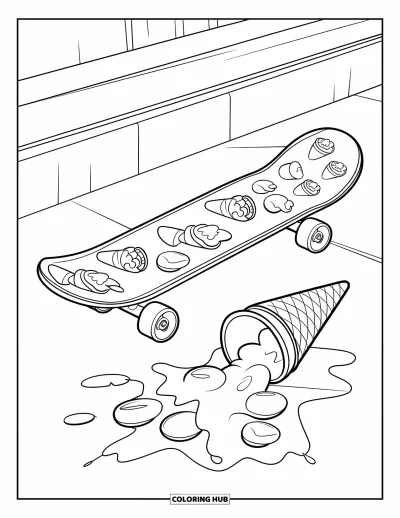 Coloriage de glaces pour enfants : Un skateboard décoré de motifs de glaces, à côté d’un cornet tombé et de vermicelles éparpillés