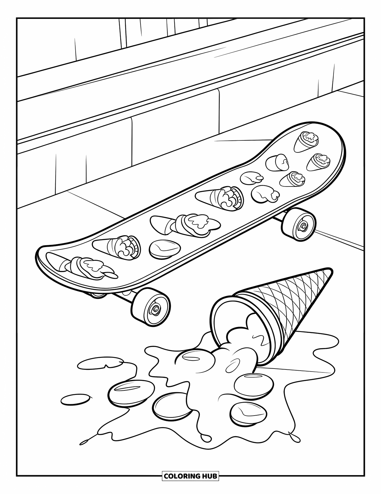 Ice Cream Coloring Page for Kids: A skateboard featuring ice cream-themed artwork, beside a fallen cone and scattered sprinkles