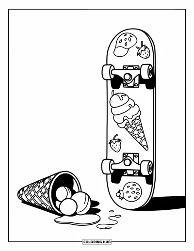 Coloriage de glaces pour enfants : Un skateboard aux motifs glacés colorés repose près d’un cornet tombé avec des boules qui fondent