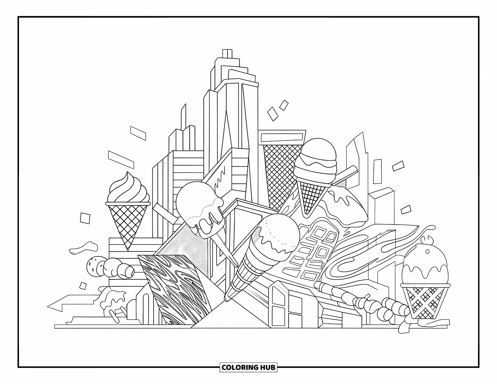 Ice Cream Coloring Page for Kids: A skyline with tall buildings, ice cream treats, and a bridge, blending urban and dessert themes