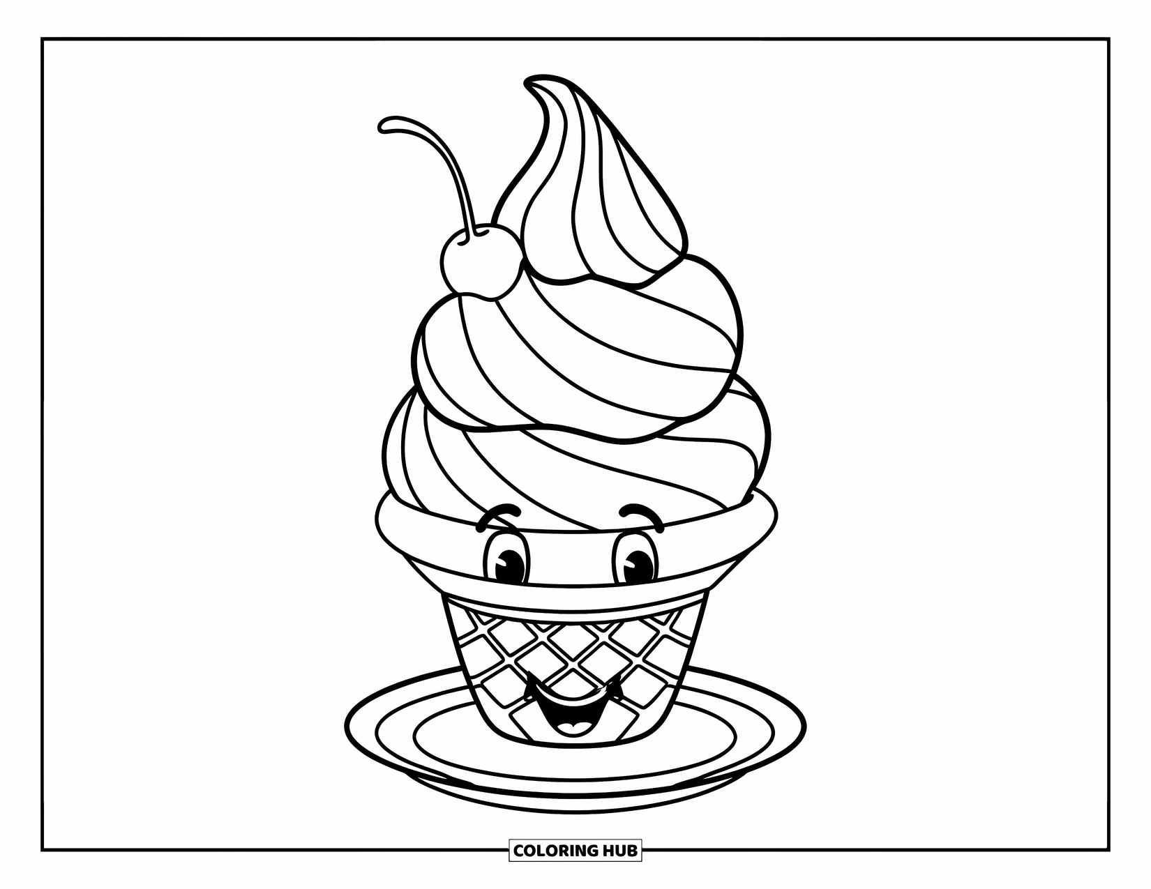 Ice Cream Coloring Page for Kids: A smiling ice cream cone with two cherries on top, sitting on a plate, full of sweetness