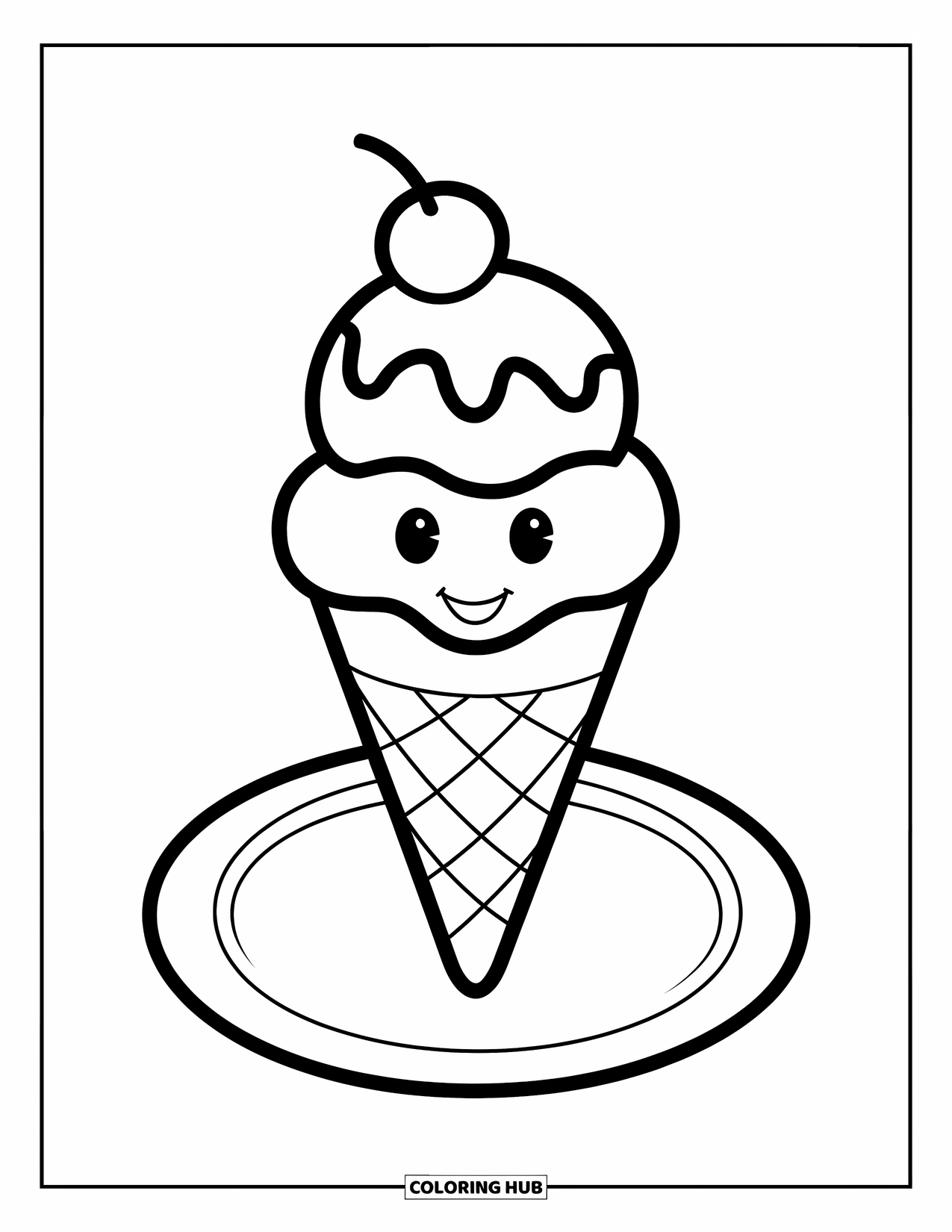 Ice Cream Coloring Page for Kids: A smiling ice cream cone with two scoops and a cherry on top, sitting on a clean white plate