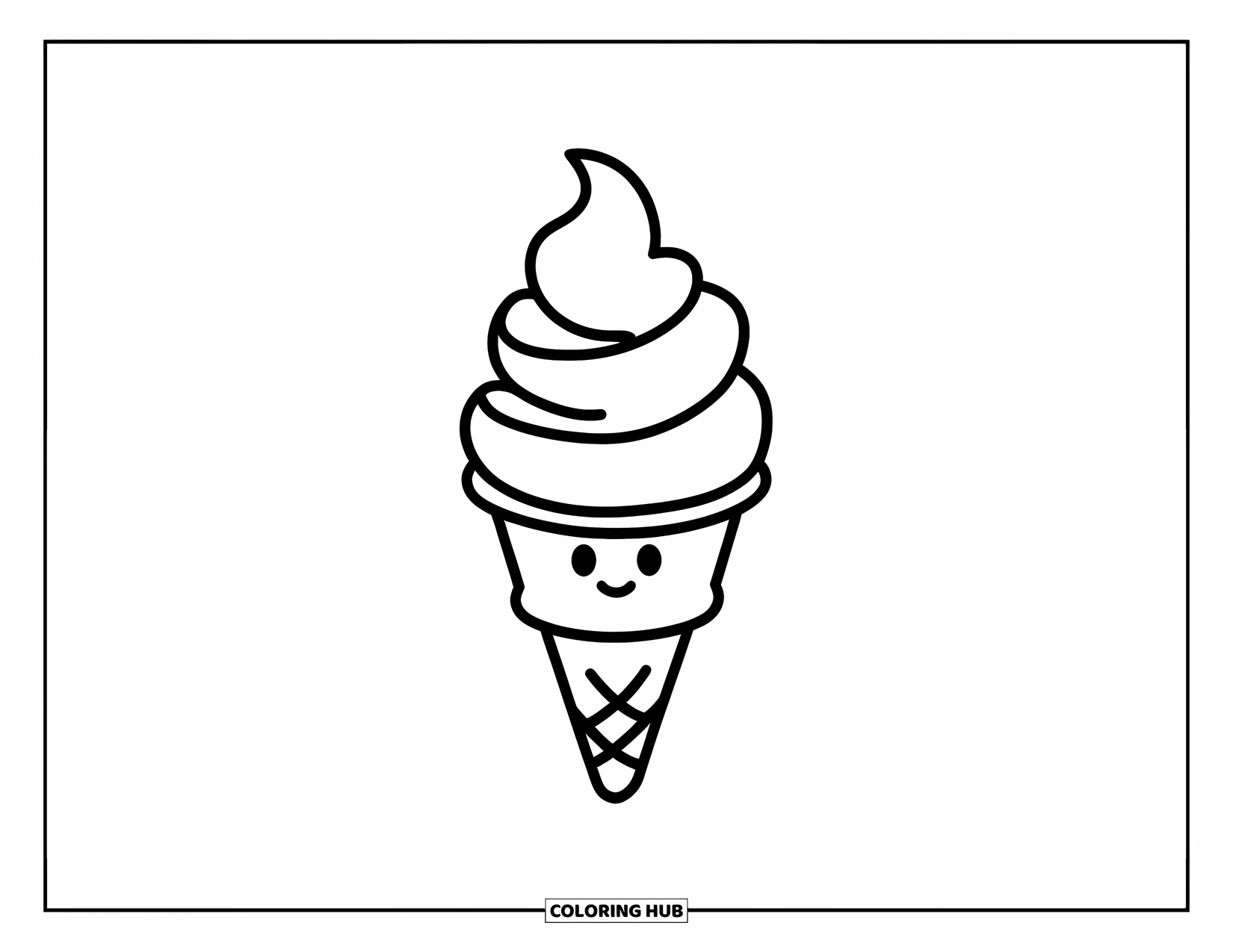 Ice Cream Coloring Page for Kids: A soft-serve ice cream cone with a happy face, swirled to perfection, ready to brighten your day