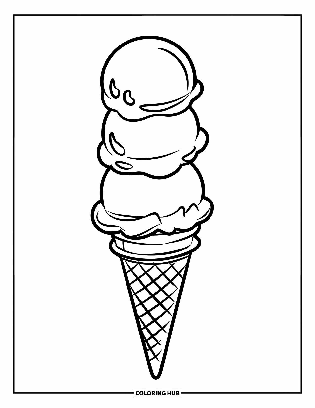 Ice Cream Coloring Page for Kids: A stack of three ice cream scoops in a cone, held by a smiling character with a joyful expression