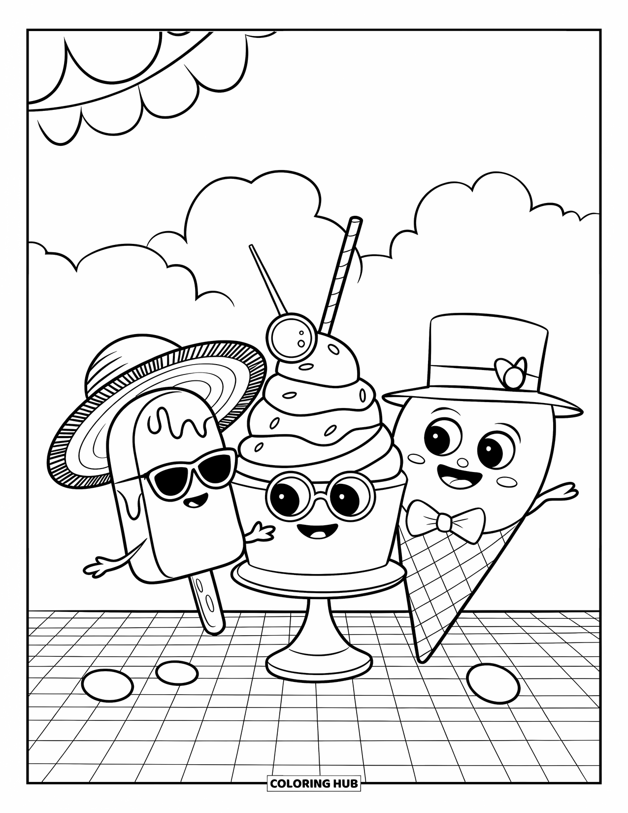 Ice Cream Coloring Page for Kids: A stylish group of ice cream treats has a picnic, wearing sunglasses, bowties, and top hats