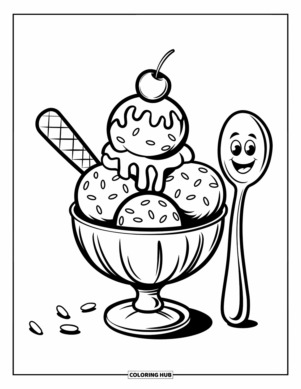 Ice Cream Coloring Page for Kids: A sweet ice cream sundae with chocolate drizzle, sprinkles, and a cherry, accompanied by a smiling spoon