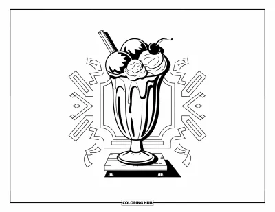Coloriage de glaces pour enfants : Un grand verre à milkshake avec crème fouettée et une cerise, posé sur un support en bois