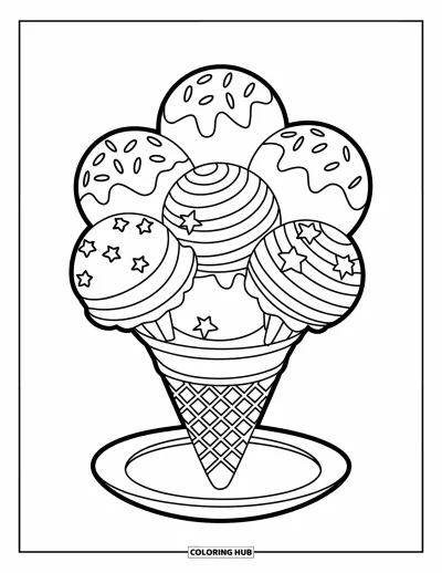 Coloriage de glaces pour enfants : Un immense cornet de glace à cinq boules, chacune décorée de vermicelles, de rayures et d’étoiles