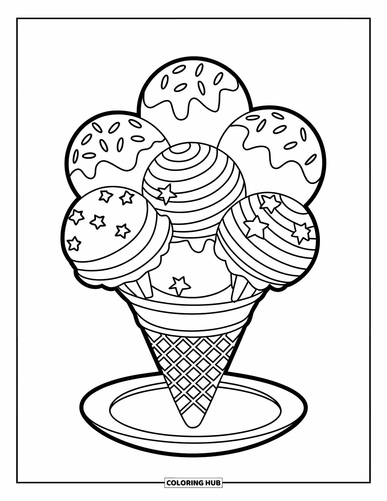 Ice Cream Coloring Page for Kids: A towering five-scoop ice cream cone, each decorated with sprinkles, stripes, and stars