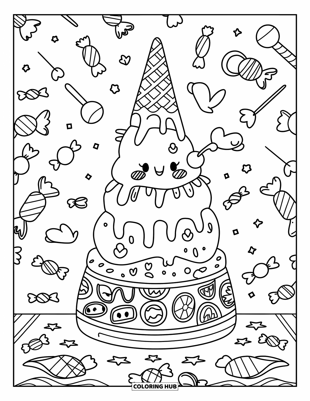 Ice Cream Coloring Page for Kids: A towering ice cream stack with cute details, surrounded by small candies and melting drips