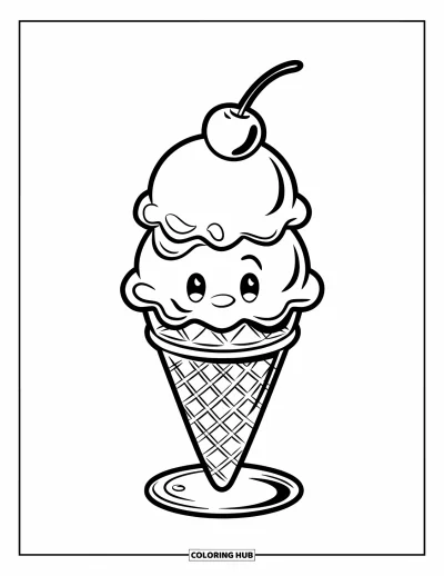 Coloriage de glaces pour enfants : Un cornet à deux boules avec motif gaufré, une cerise au sommet et des formes douces et arrondies