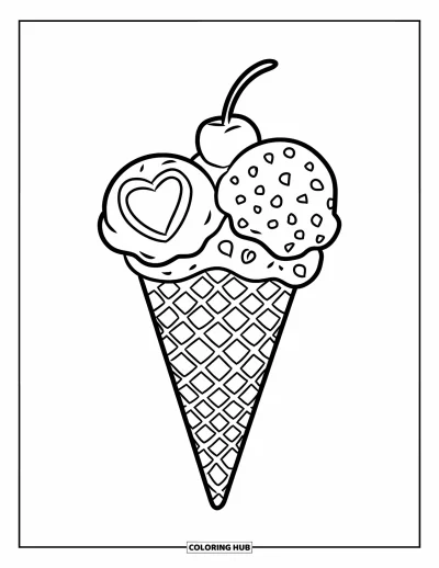 Coloriage de glaces pour enfants : Un cornet gaufré avec trois boules, chacune décorée de motifs, surmonté d’une cerise et prêt à déguster