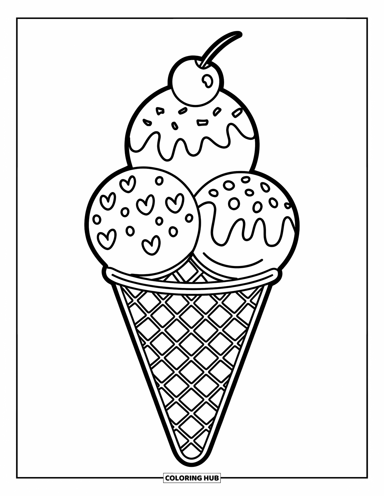 Ice Cream Coloring Page for Kids: A waffle cone with three scoops, featuring heart and dot patterns, topped with a cherry