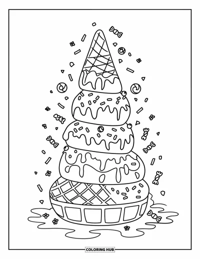 Coloriage de glaces pour enfants : Une tour de glaces fantaisiste à multiples boules, garnie de vermicelles, de chocolat et de cerises