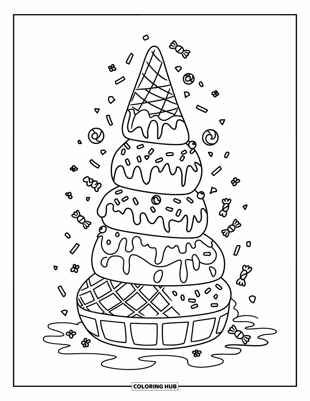 Ice Cream Coloring Page for Kids: A whimsical ice cream tower with multiple scoops, topped with sprinkles, chocolate, and cherries