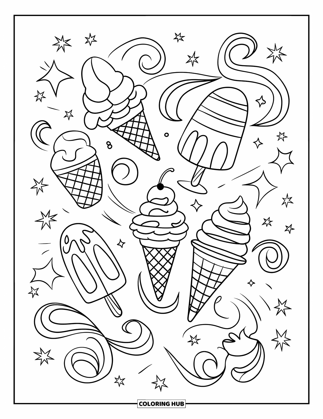 Ice Cream Coloring Page for Kids: A whimsical mix of ice cream elements, stars, and swirls, perfect for creative coloring