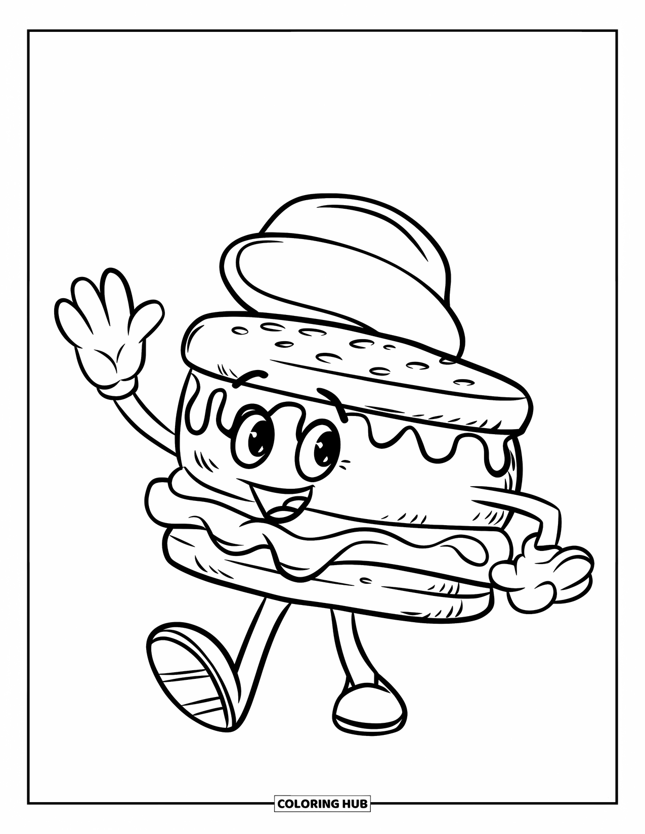 Ice Cream Coloring Page for Kids: An ice cream sandwich with a hat and a big smile waves joyfully, full of fun energy