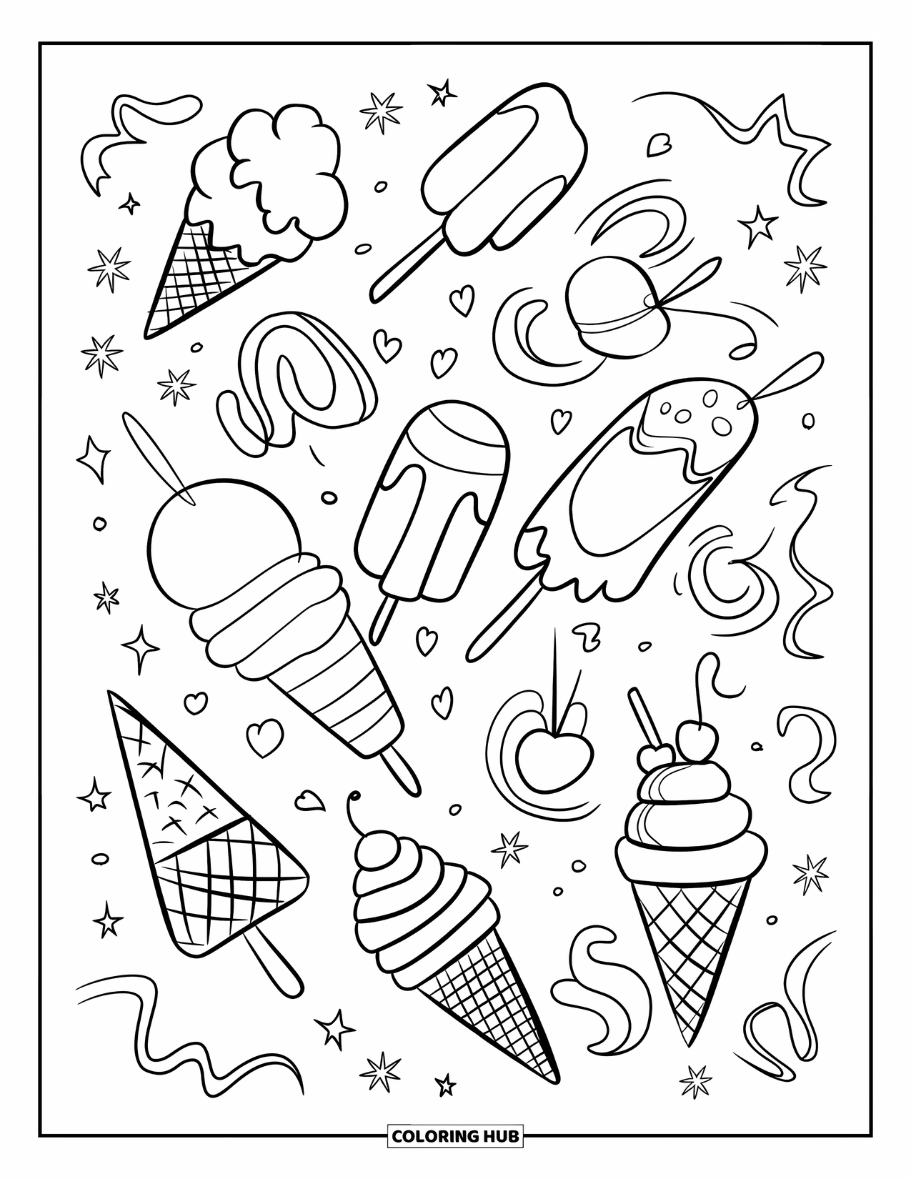Ice Cream Coloring Page for Kids: An ice cream-themed doodle with cones, sundaes, and popsicles connected by swirls and stars