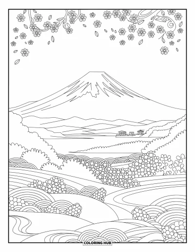 Coloriage Japon pour adultes : Une vue imprenable sur le mont Fuji, encadré par des cerisiers en fleurs