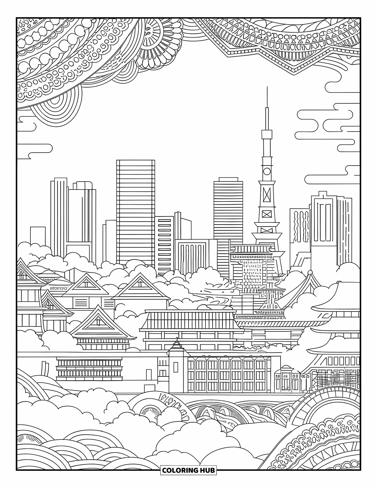 Japan Coloring Page for Adults: A bridge leads to a cityscape where modern skyscrapers stand beside historic buildings