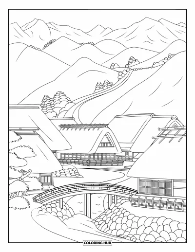 Coloriage Japon pour adultes : Un charmant village avec des maisons au toit de chaume se trouve au pied de montagnes brumeuses