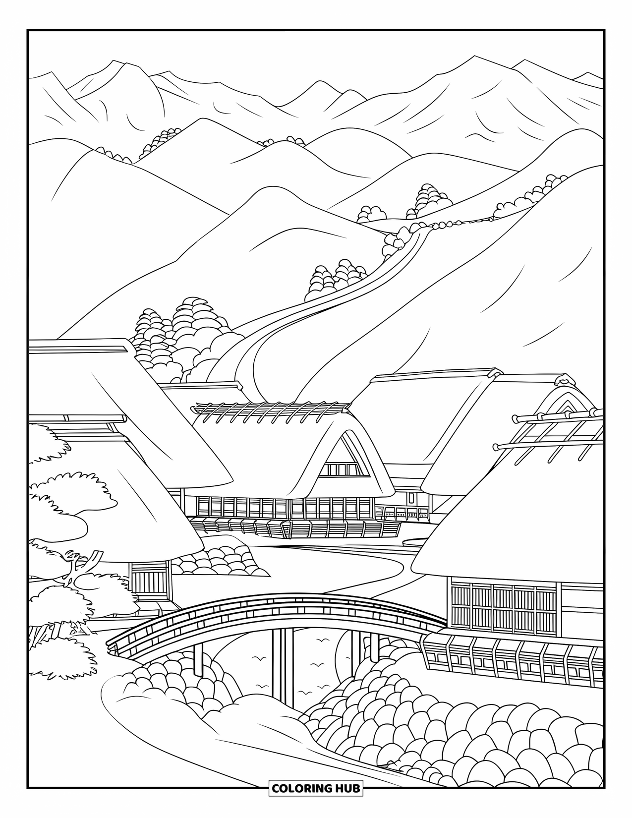 Japan Coloring Page for Adults: A charming village with thatched-roof houses lies at the foot of misty mountains