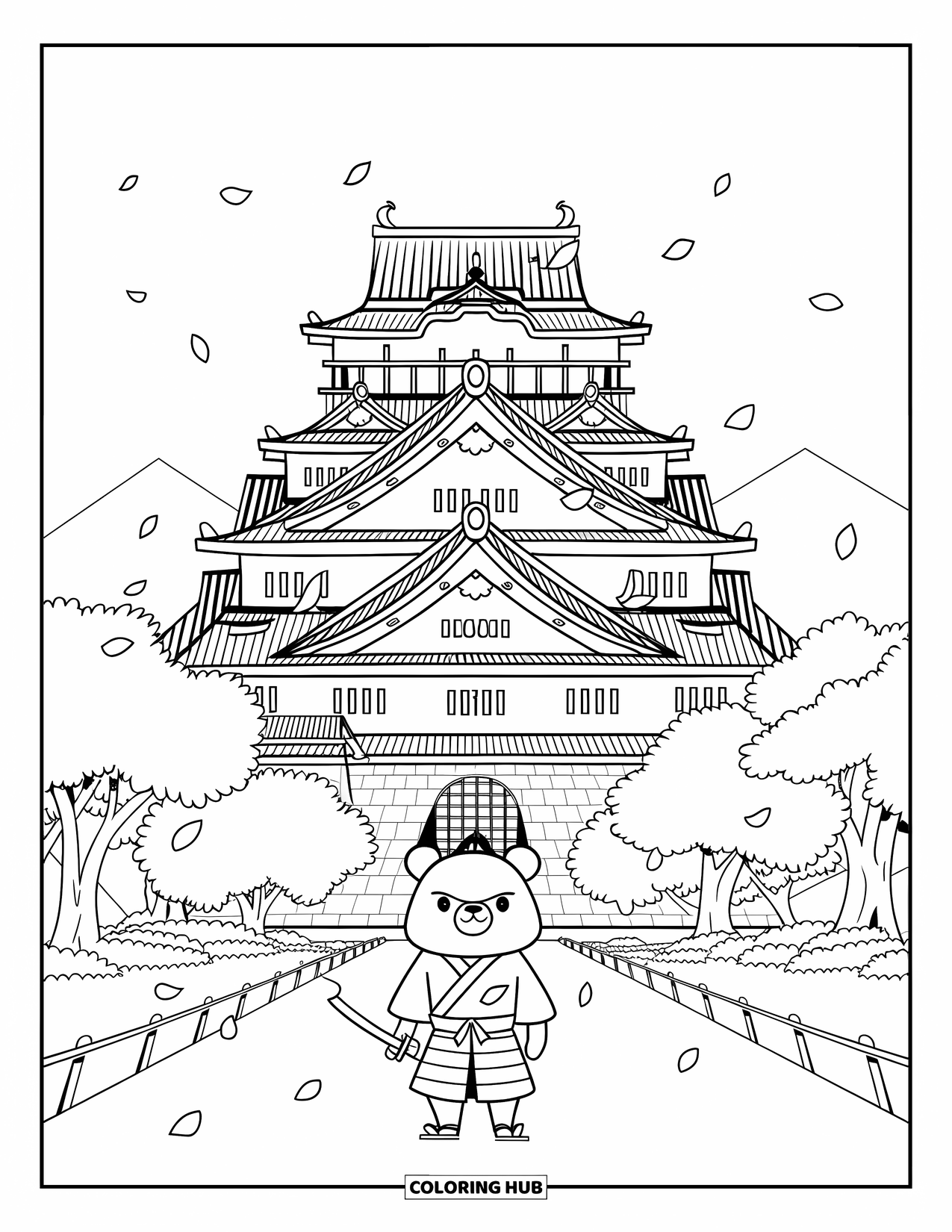 Japan Coloring Page for Adults: A cheerful samurai bear stands before Osaka Castle, surrounded by floating sakura petals