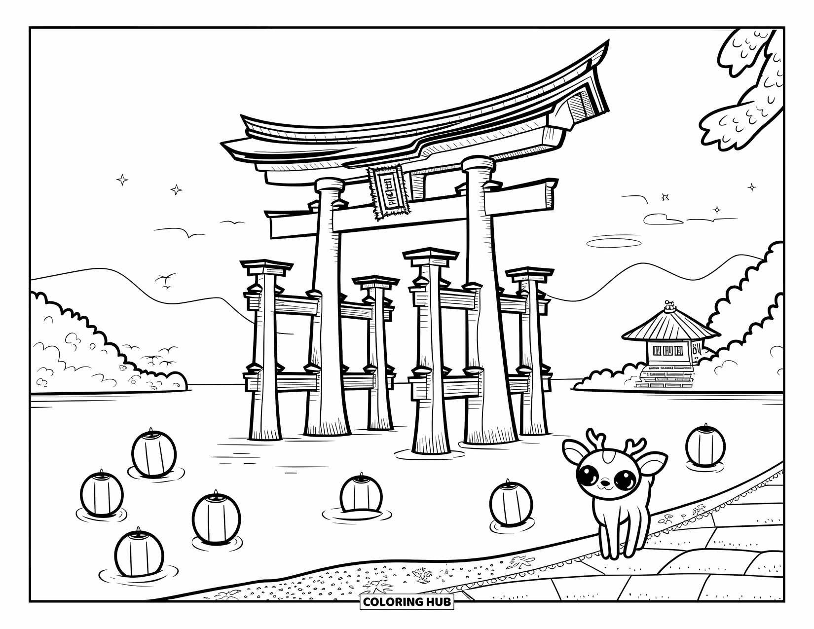 Japan Coloring Page for Adults: A deer gazes at the Great Torii as lanterns gently drift on the calm water