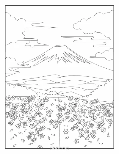 Coloriage Japon pour adultes : Un champ de cerisiers en fleurs s’étend devant le mont Fuji, avec des pétales flottant dans l’air