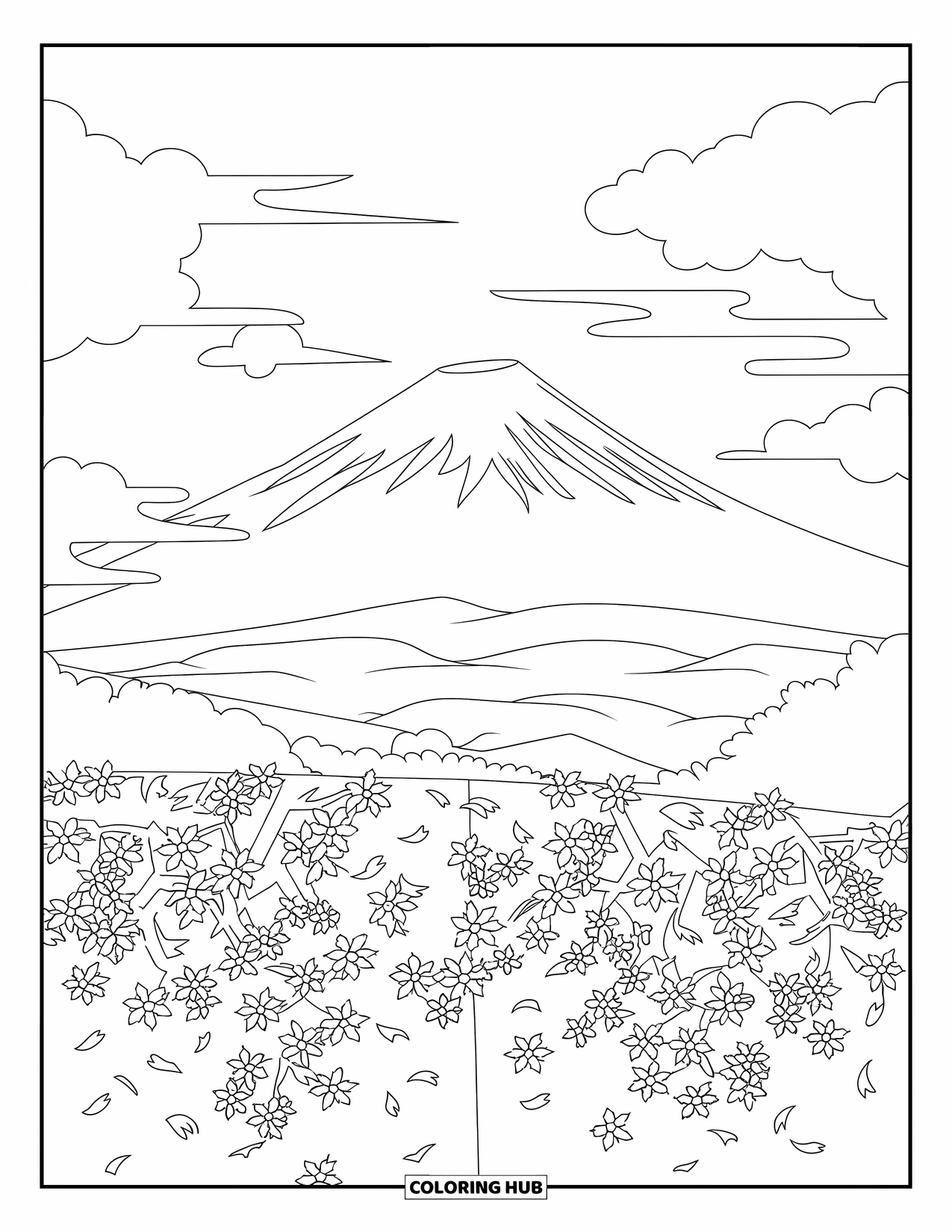 Japan Coloring Page for Adults: A field of cherry blossoms stretches before Mount Fuji, with petals floating in the air