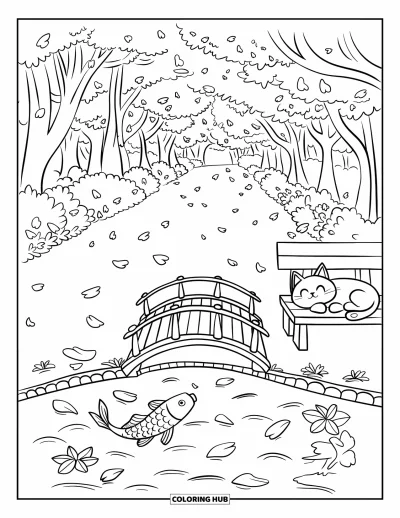 Coloriage Japon pour adultes : Un chat moelleux se repose près d'un étang où une carpe koï saute sous les fleurs de cerisier
