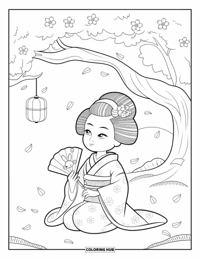 Coloriage Japon pour adultes : Une maiko gracieuse est assise sous un cerisier en fleurs, tenant un éventail avec un motif de lapin