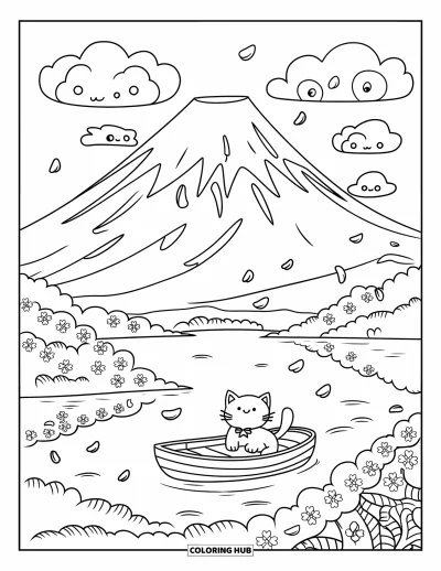 Coloriage Japon pour adultes : Un chat heureux flotte sur un bateau sous le mont Fuji, avec des pétales de sakura tourbillonnant dans la brise