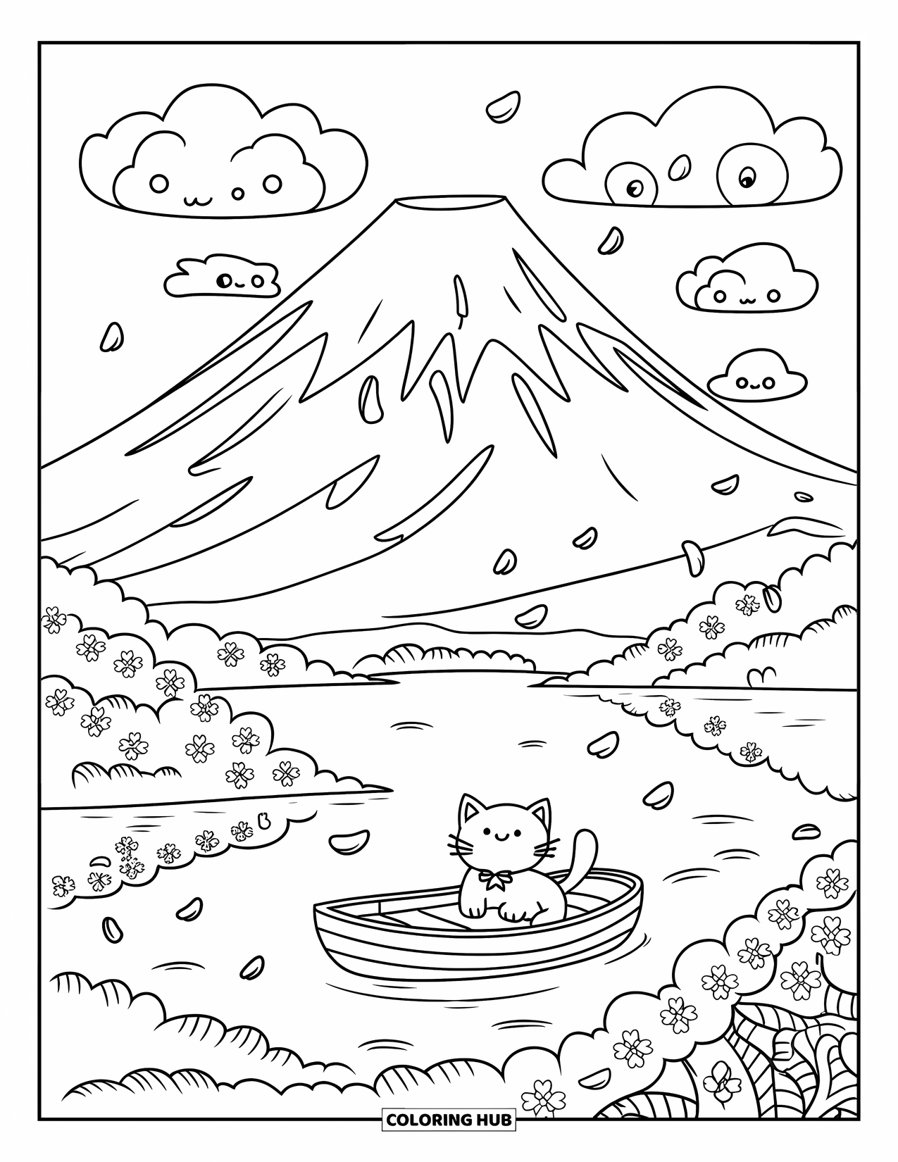 Japan Coloring Page for Adults: A happy cat floats on a boat beneath Mount Fuji, with sakura petals swirling in the breeze