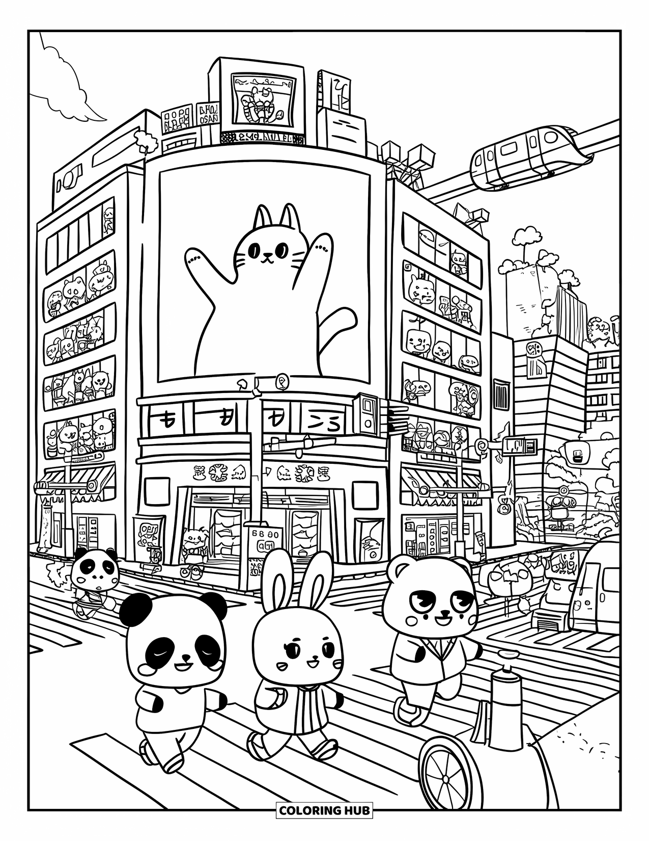 Japan Coloring Page for Adults: A kawaii panda, bunny, and bear cross Shibuya as a train zooms overhead