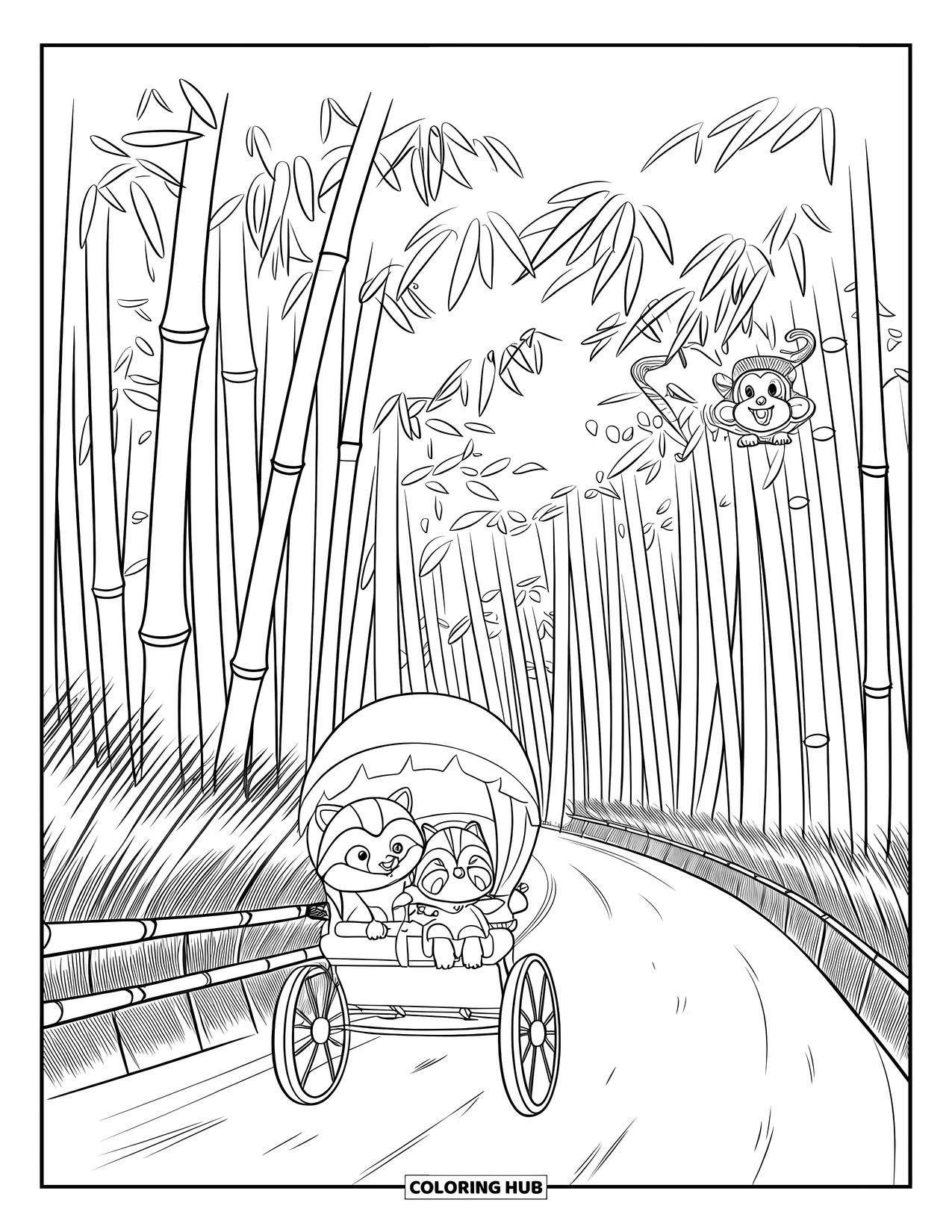 Japan Coloring Page for Adults: A kawaii-style bamboo forest with a giggling raccoon and a squirrel enjoying a ride