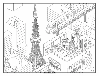 Coloriage Japon pour adultes : Une scène de Tokyo de style kawaii avec de minuscules bâtiments, un distributeur automatique et un train qui passe