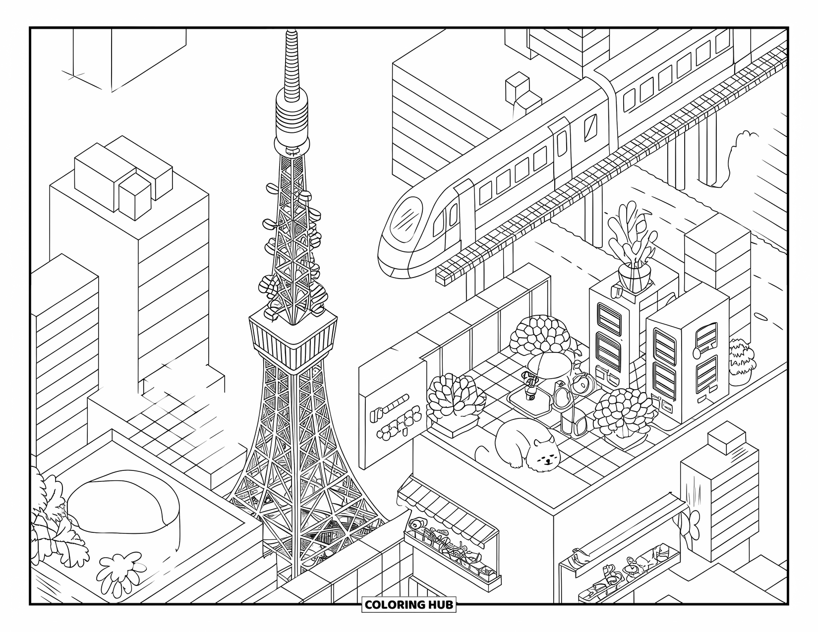 Japan Coloring Page for Adults: A kawaii-style Tokyo scene with tiny buildings, a vending machine, and a train passing by