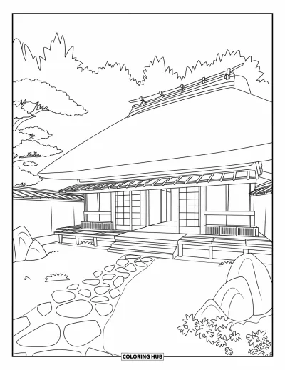 Coloriage Japon pour adultes : Un salon de thé de Kyoto est situé paisiblement dans un jardin luxuriant, relié par un sentier de pierre