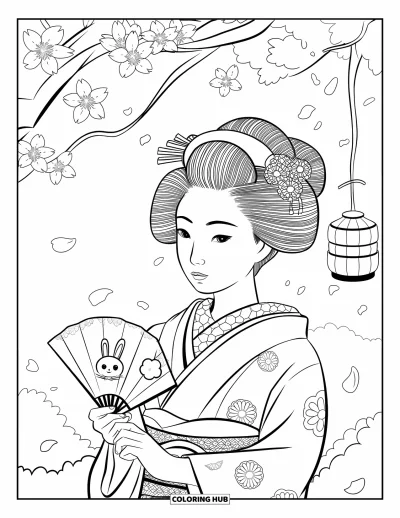 Coloriage Japon pour adultes : Une maiko sourit doucement sous un cerisier, avec une lanterne suspendue à ses branches