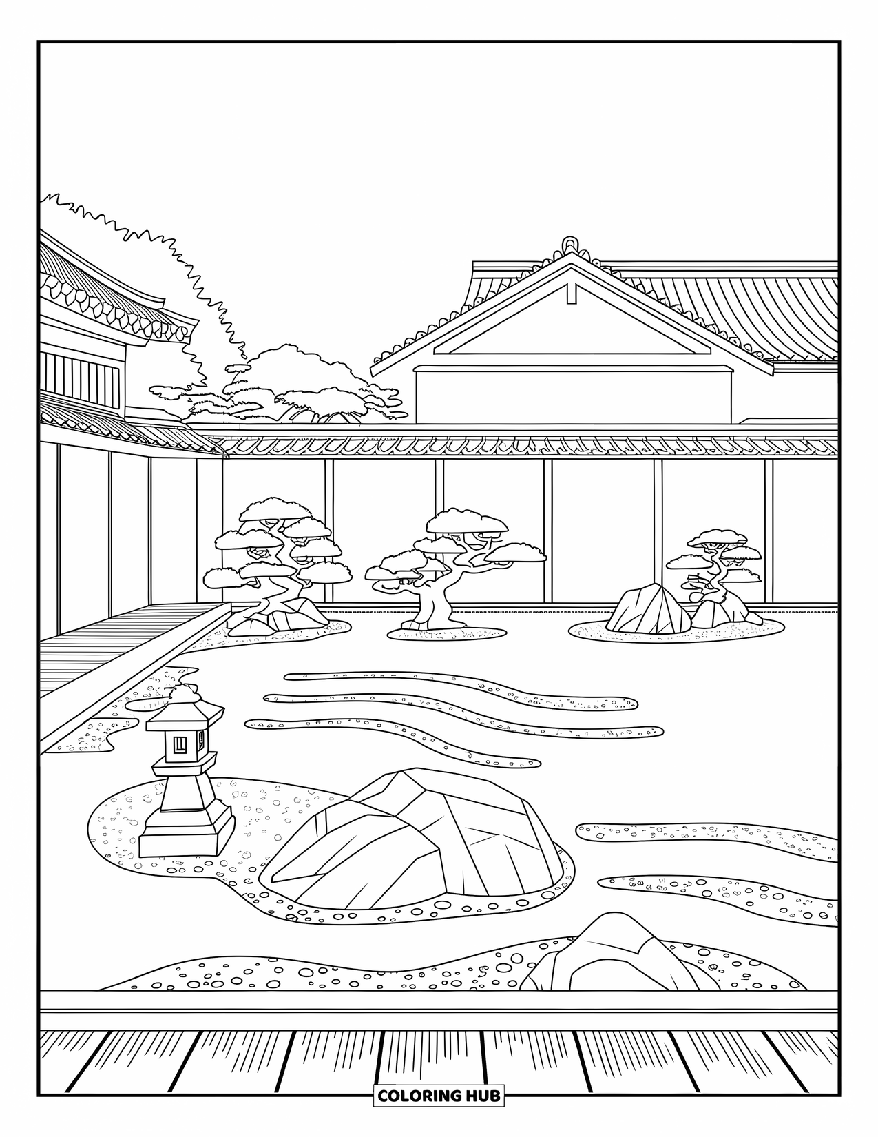 Japan Coloring Page for Adults: A meditative garden with a water feature, stone path, and sculpted bonsai trees