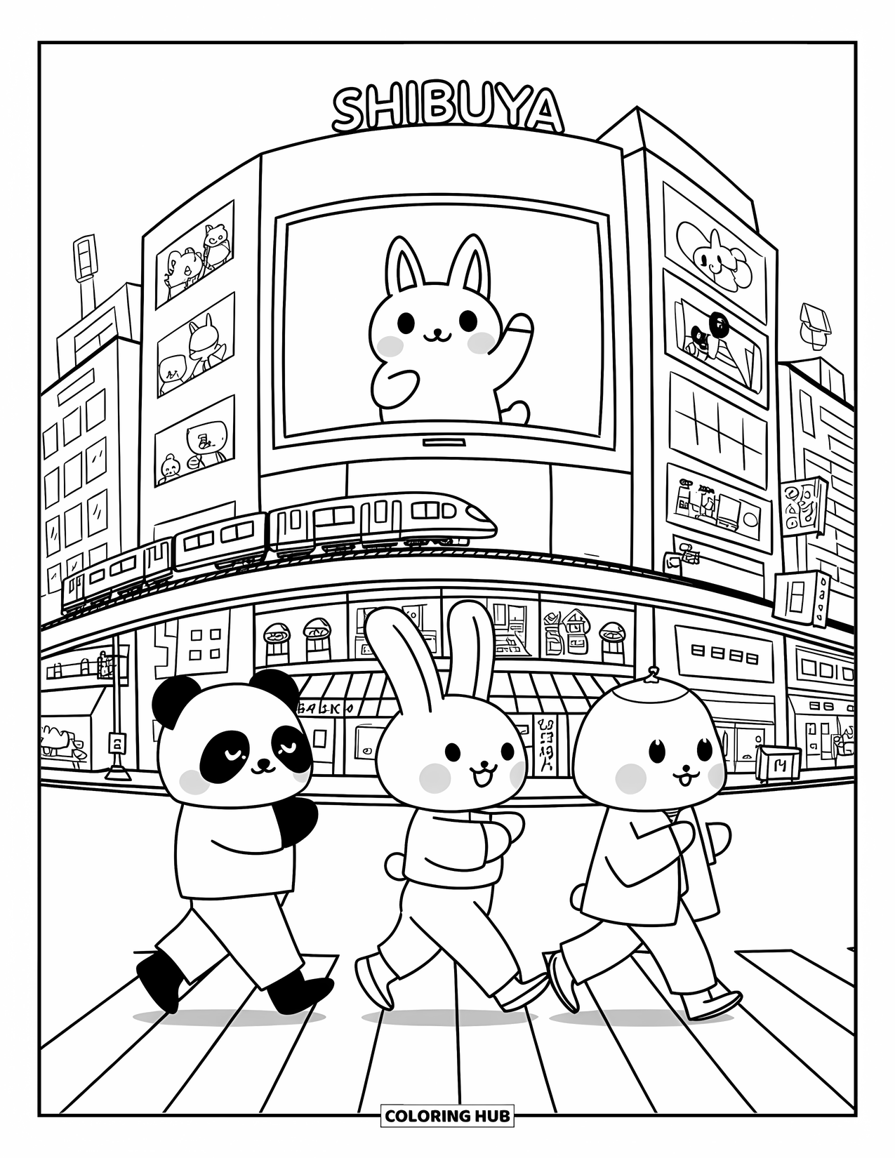 Japan Coloring Page for Adults: A panda, bunny, and bear cross Shibuya Crossing, while neon signs light up the background